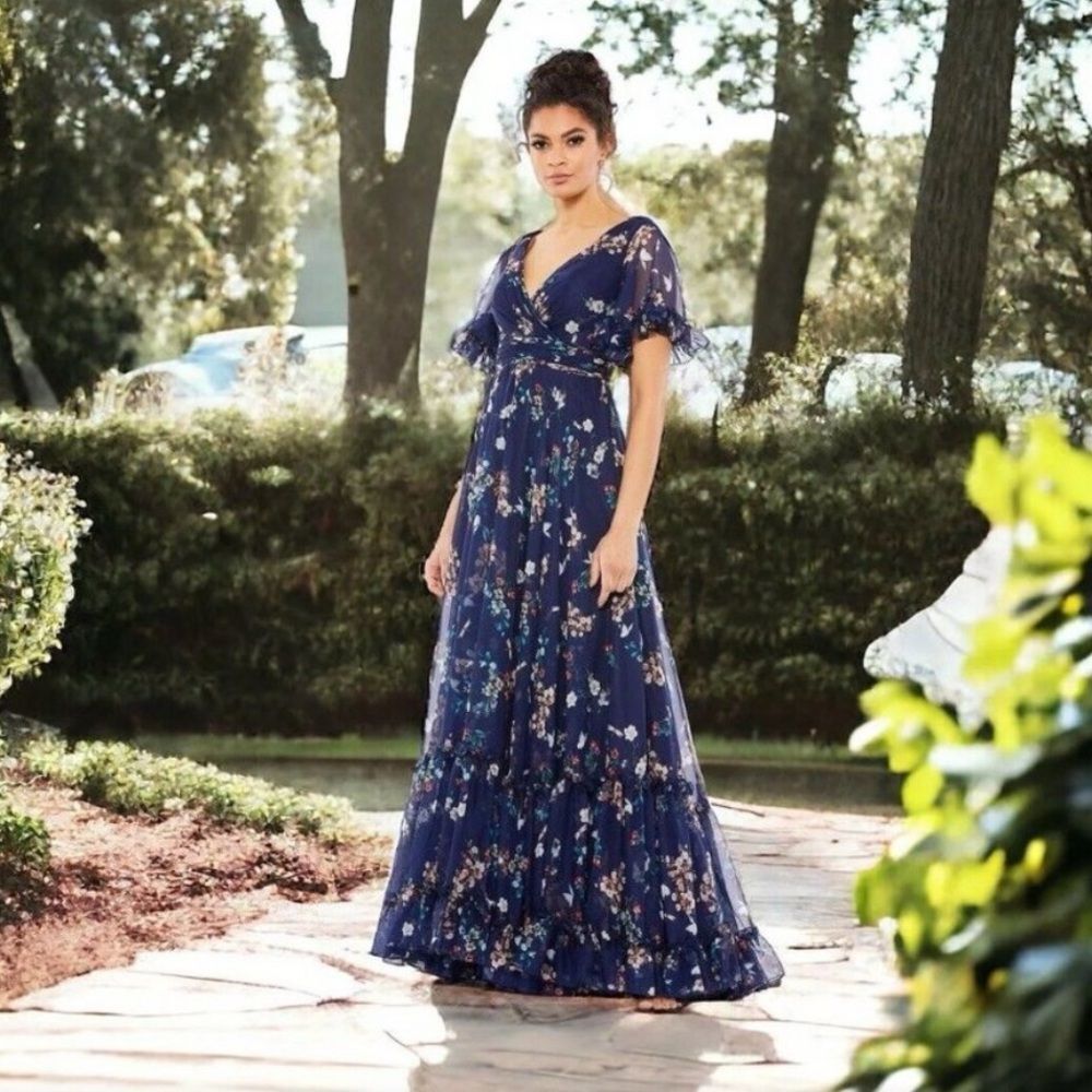 Mac Duggal Flounce Sleeve Floral Maxi Dress in Navy Multi, NWT, Size 4 - Picture 3 of 9